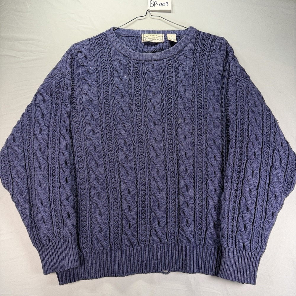 Vintage American Eagle Sweater Mens XL Navy Blue Ramie Cotton Cable Knit 90s